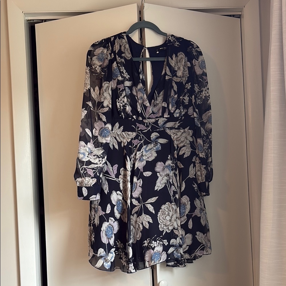 Navy Blue Floral Long Sleeve Plunge Neck Sun Dress Perfect for Special Occasions